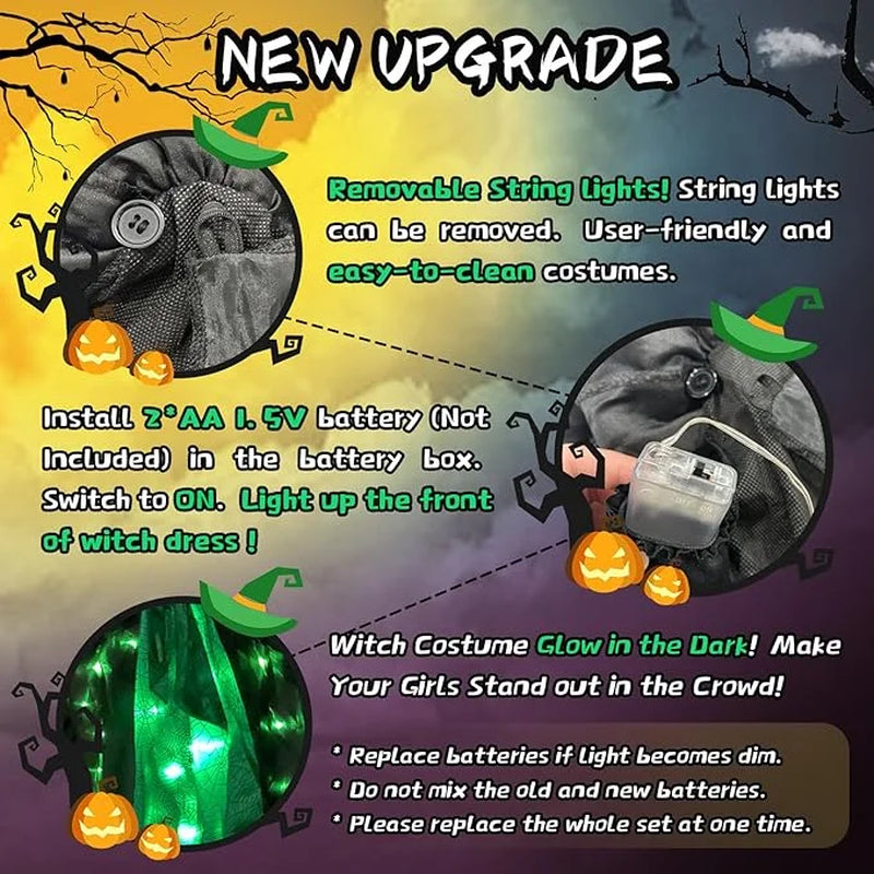 Disfraz de Brujita con Luces LED, Sombrero y Escoba – Halloween para Niñas