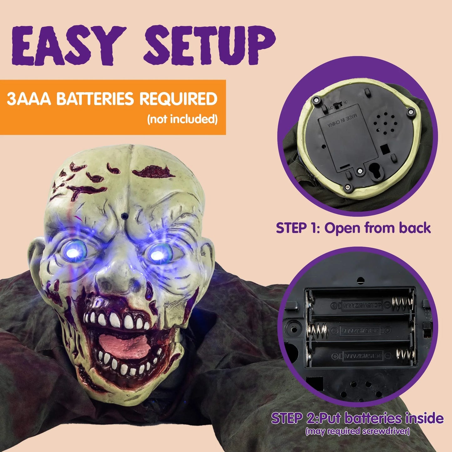 Zombie Animatrónico con Sonido y Ojos LED – Decoración de Halloween para Exterior e Interior