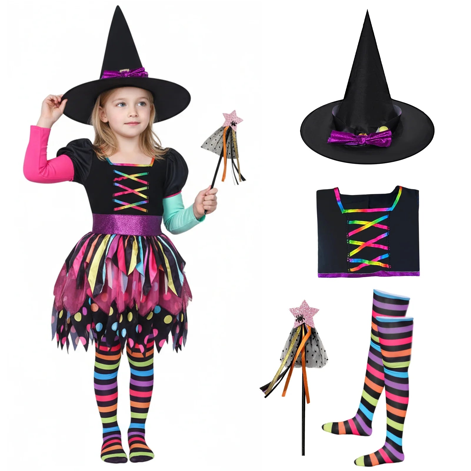 Disfraz de Brujita Arcoíris para Niñas – Traje Colorido de Halloween con Sombrero | Casa del Miedo Kids