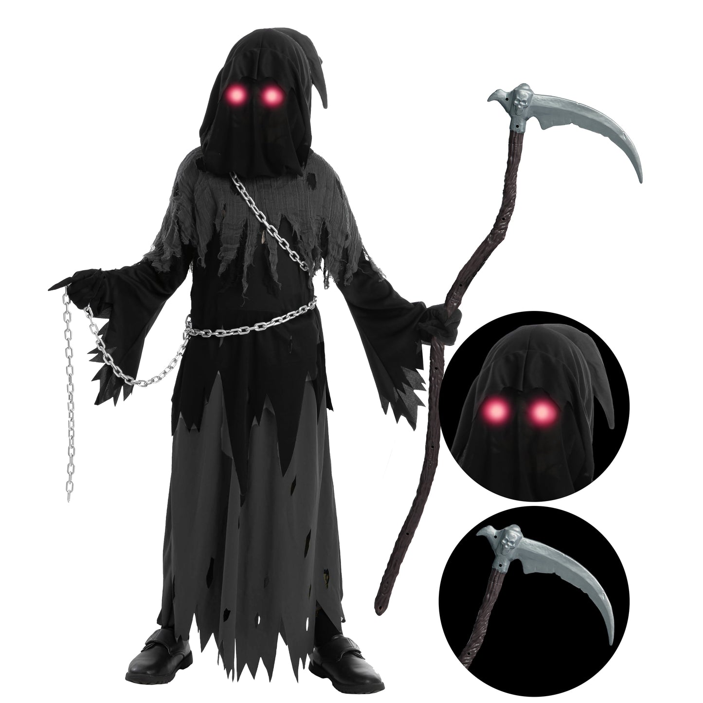 Disfraz de Niño Segador con Ojos Brillantes / Grim Reaper Costume – Halloween para Niños