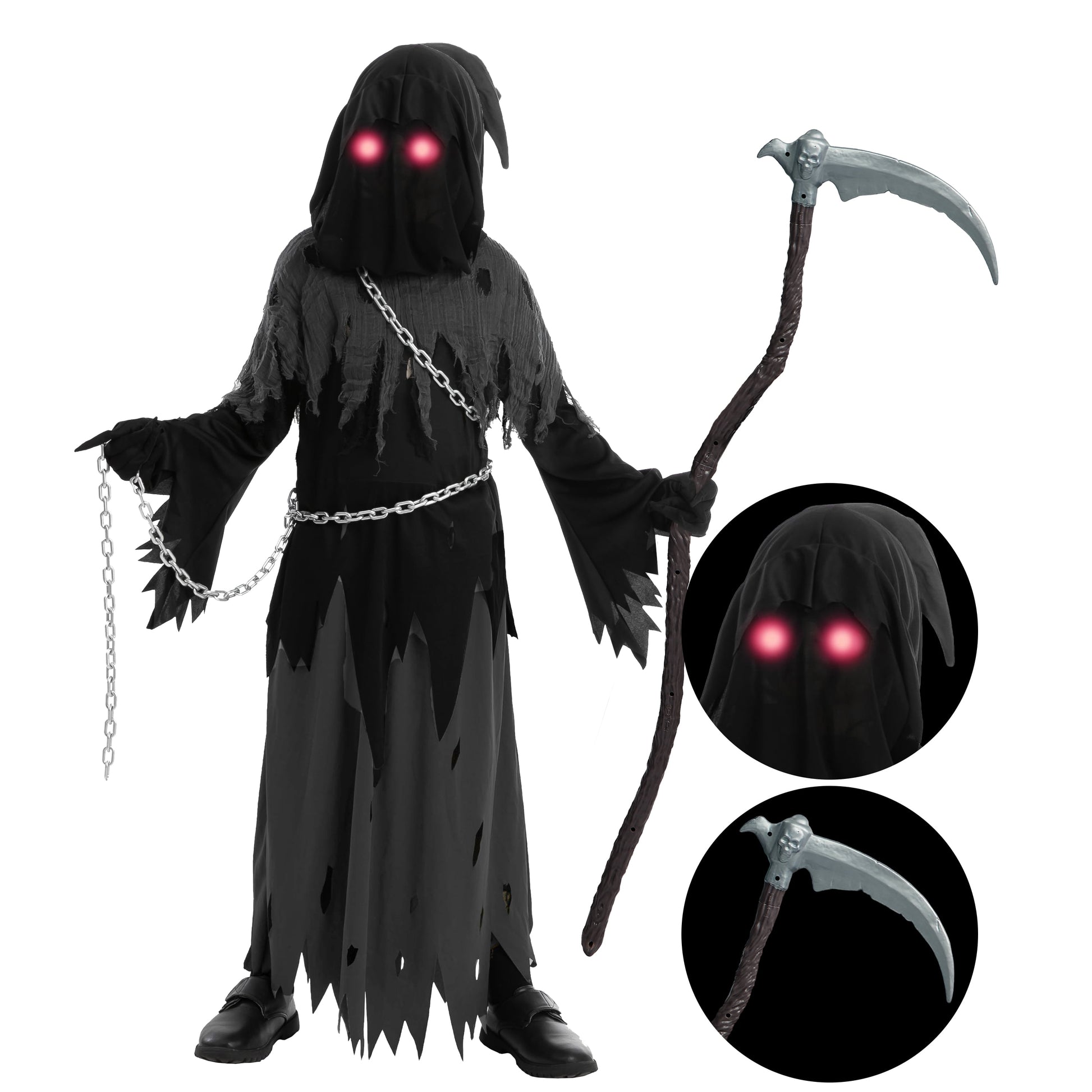Disfraz de Niño Segador con Ojos Brillantes / Grim Reaper Costume – Halloween para Niños