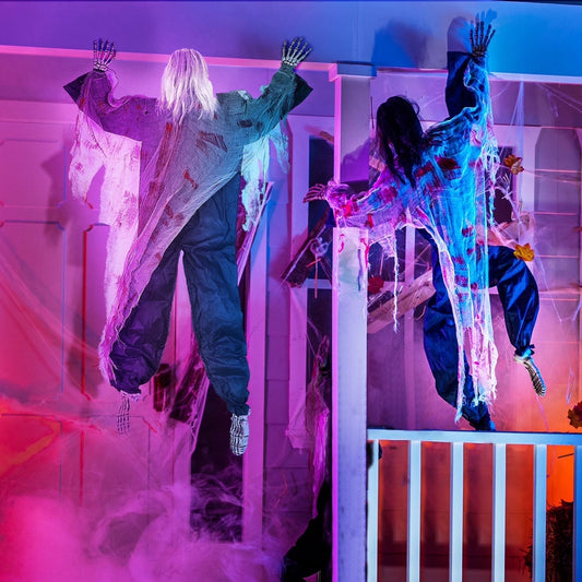 2 Figuras Colgantes de Zombi 47” – Decoración de Halloween con Manchas de Sangre para Interior y Exterior