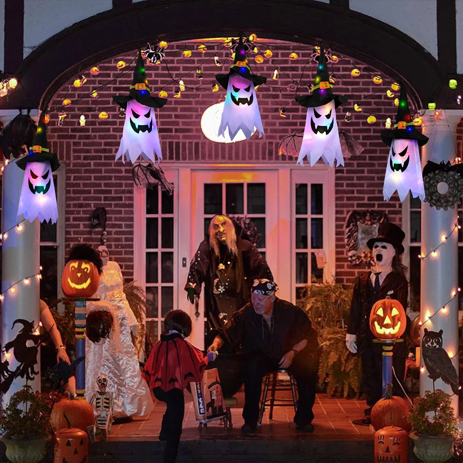 Set de 5 Fantasmas Luminosos de Halloween – Decoración Interior/Exterior con Sombreros de Bruja LED