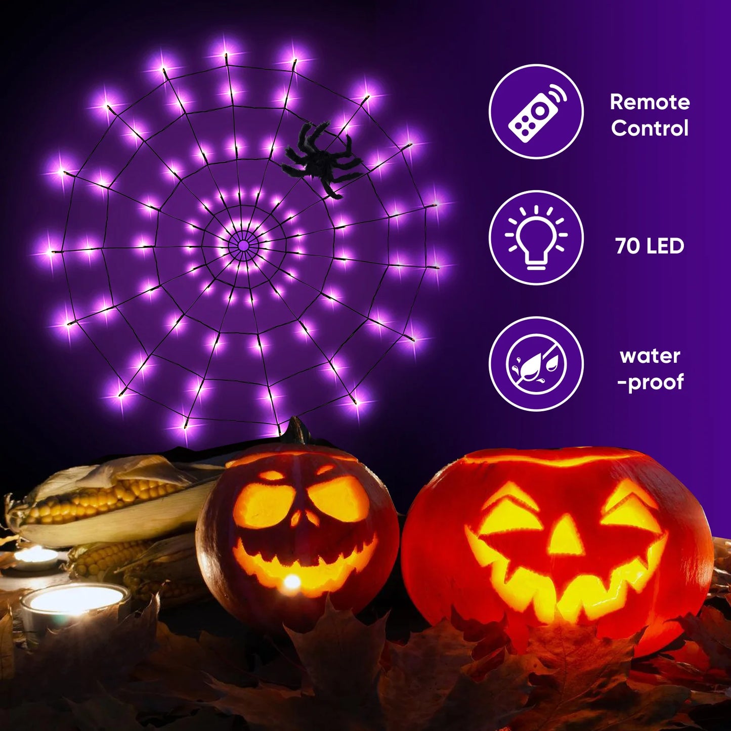 Luces de Telaraña con Araña Negra – 70 LEDs de Halloween con Control Remoto y 8 Modos