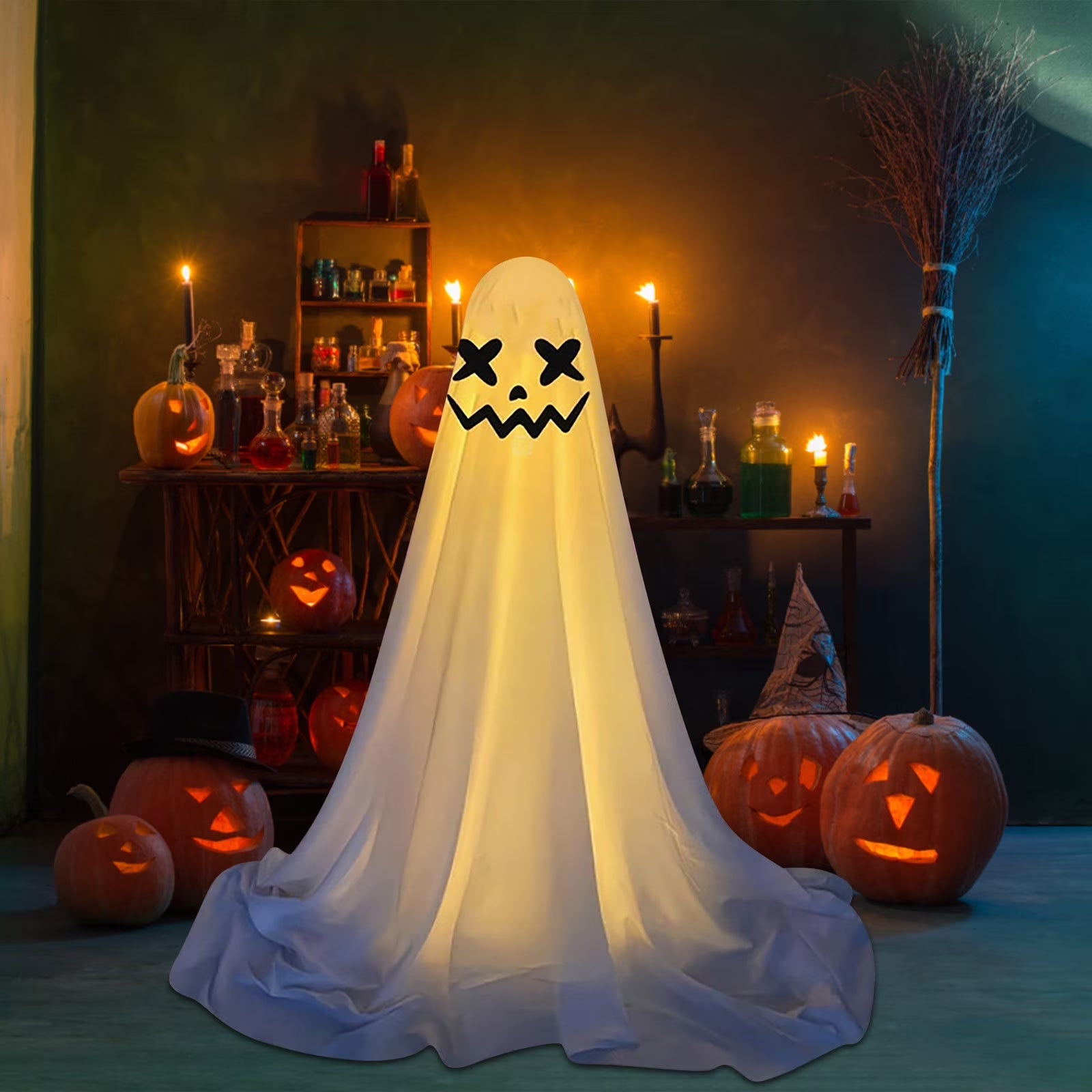 Fantasma Luminoso LED con Poste Extensible – Decoración de Halloween Interior y Exterior
