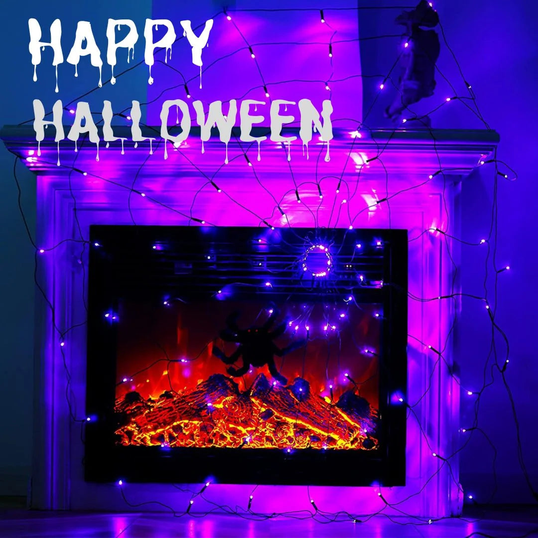Luces de Telaraña con Araña Negra – 70 LEDs de Halloween con Control Remoto y 8 Modos