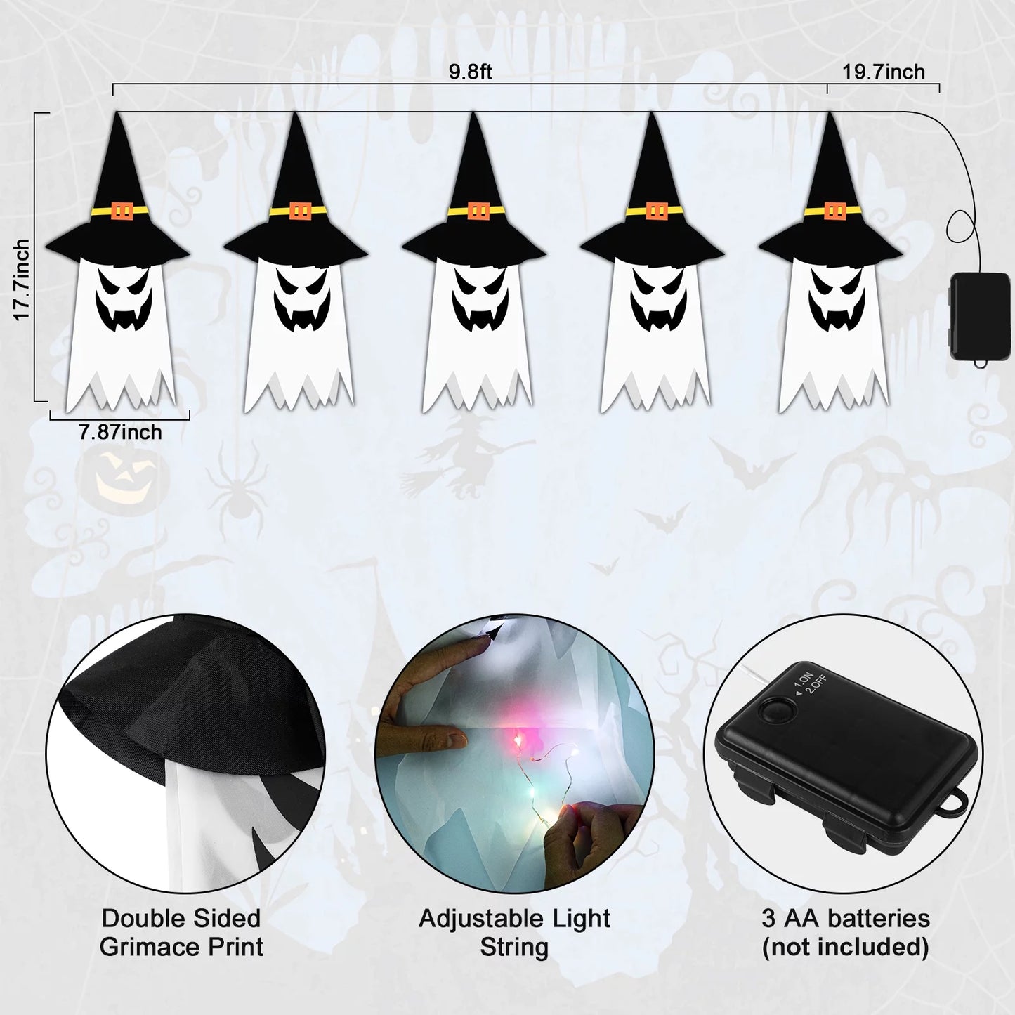 Set de 5 Fantasmas Luminosos de Halloween – Decoración Interior/Exterior con Sombreros de Bruja LED