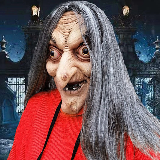 Máscara Realista de Bruja con Cabello Largo – Látex Completo para Adultos, Ideal para Halloween o Casas Embrujadas