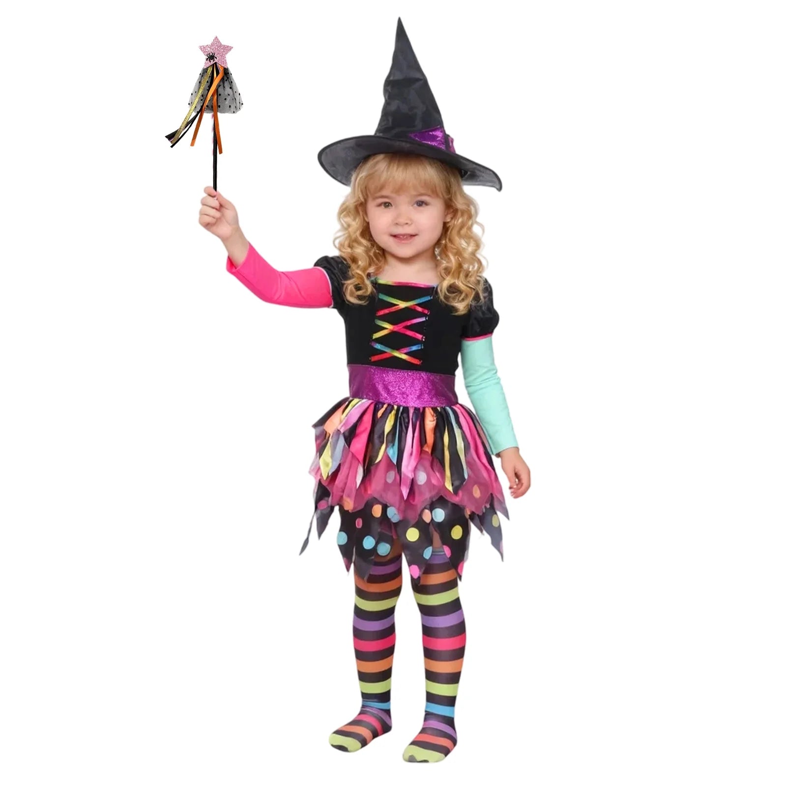 Disfraz de Brujita Arcoíris para Niñas – Traje Colorido de Halloween con Sombrero | Casa del Miedo Kids