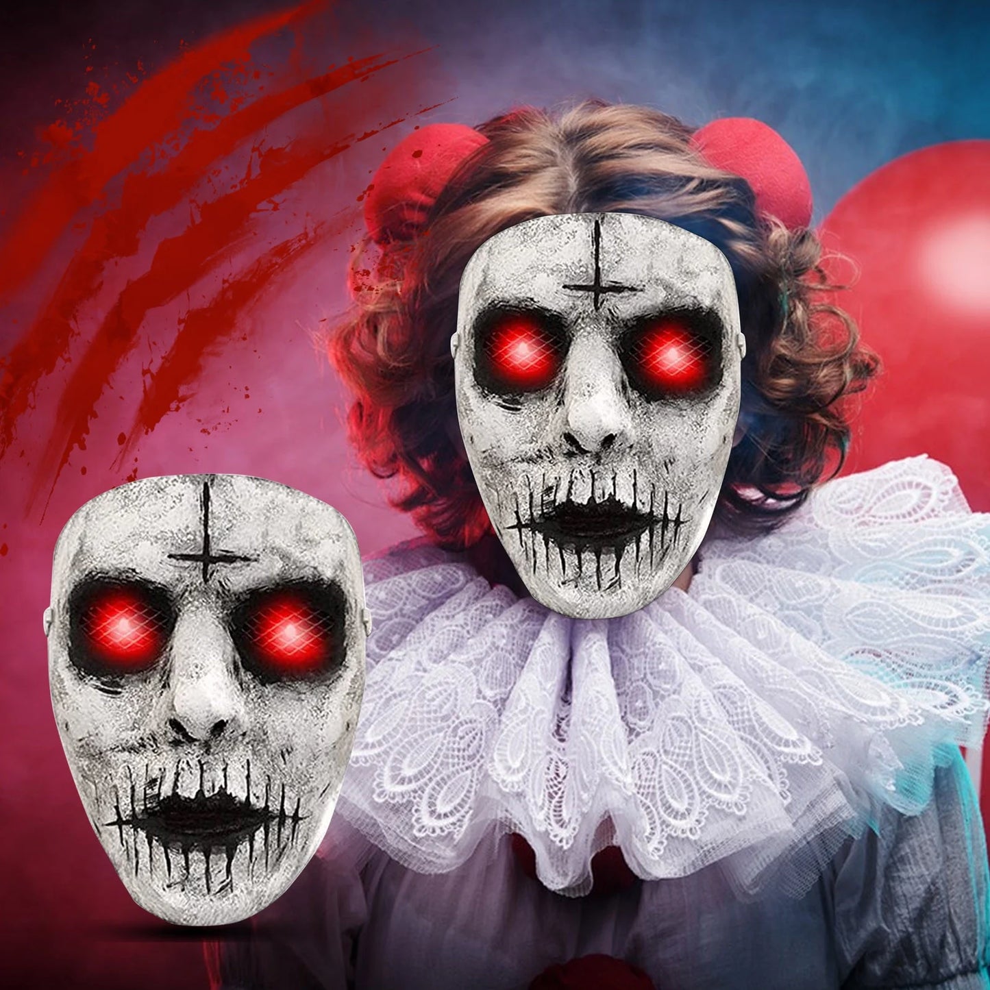 Máscara de Asesino Demoníaco con Ojos LED – Terror Luminoso para Halloween