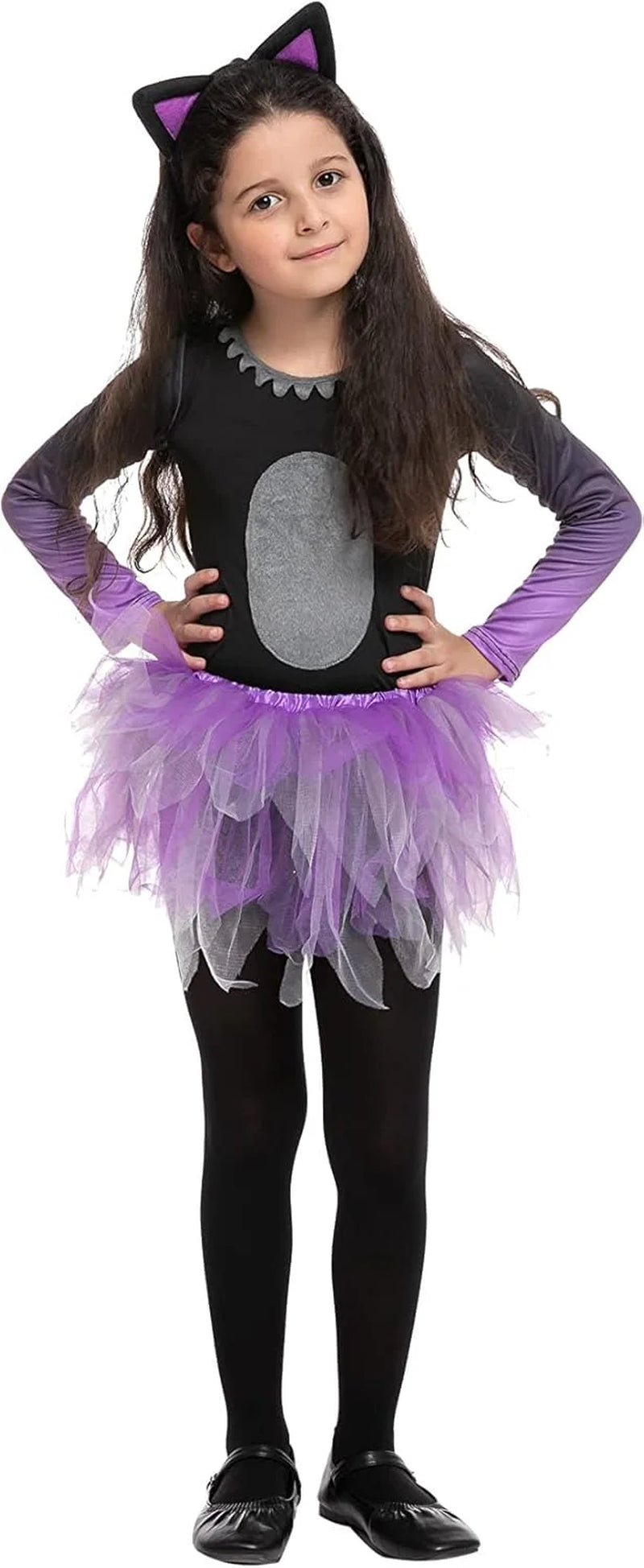 Disfraz Infantil de Gatita con Tutú – Traje Adorable de Halloween para Niñas (Orejas y Falda Morada)