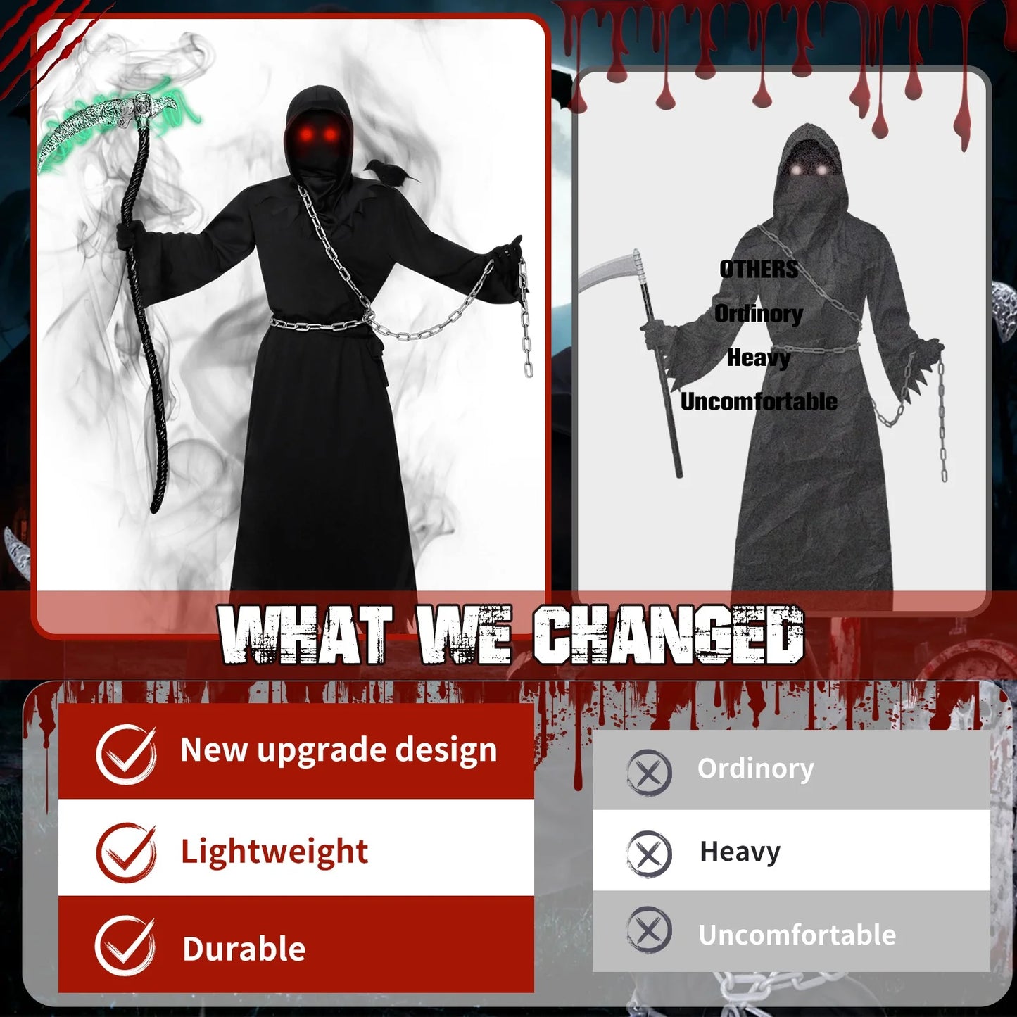 Disfraz del Segador Grim Reaper Infantil – Túnica Negra con Ojos Rojos y Guadaña