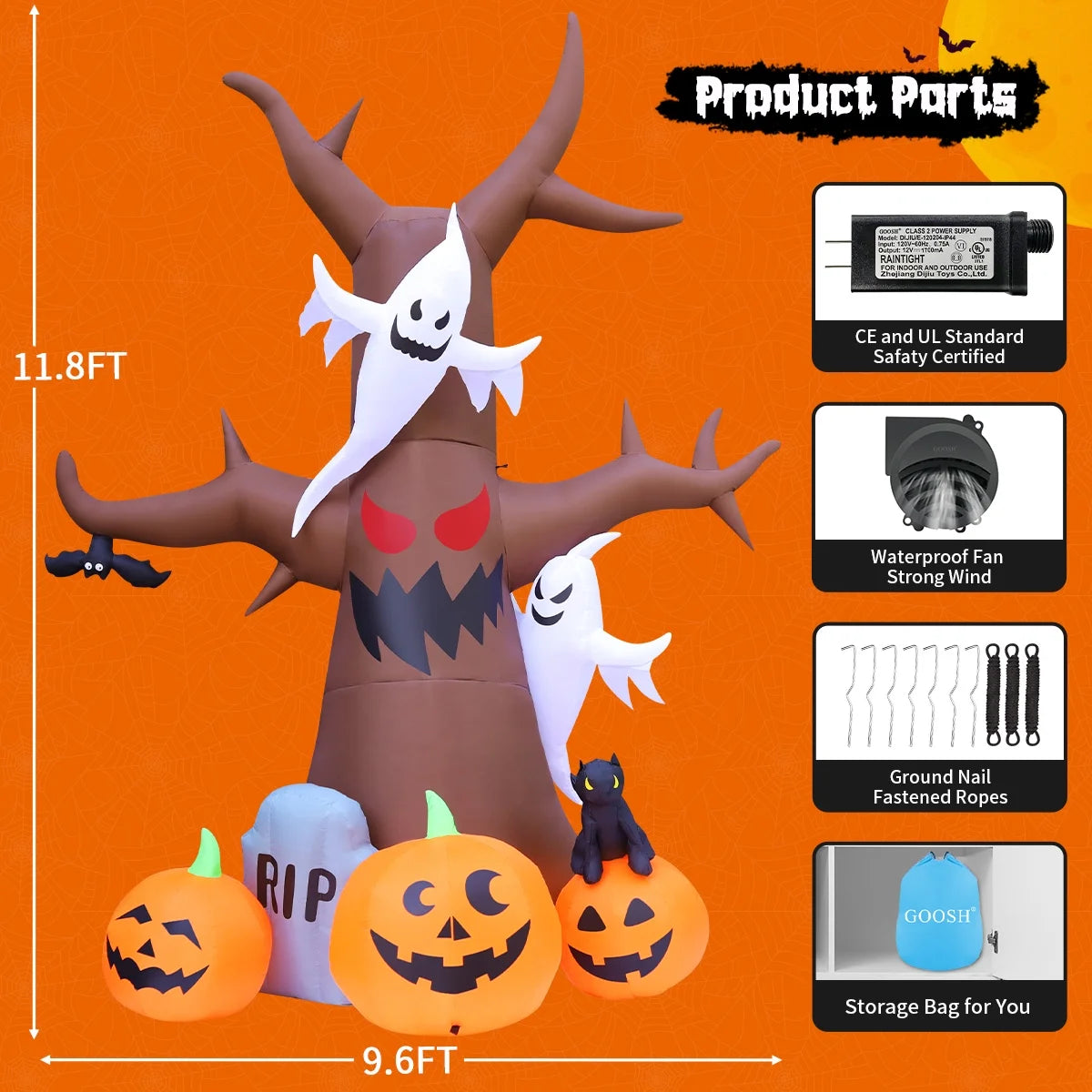Árbol Inflable de Halloween 11.8FT con Fantasmas y Calabazas – Decoración con Luces LED