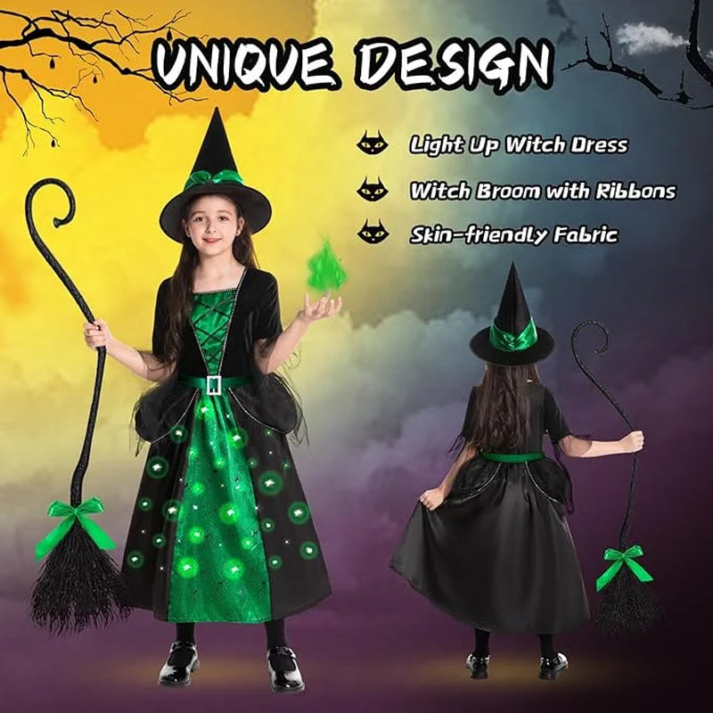 Disfraz de Brujita con Luces LED, Sombrero y Escoba – Halloween para Niñas