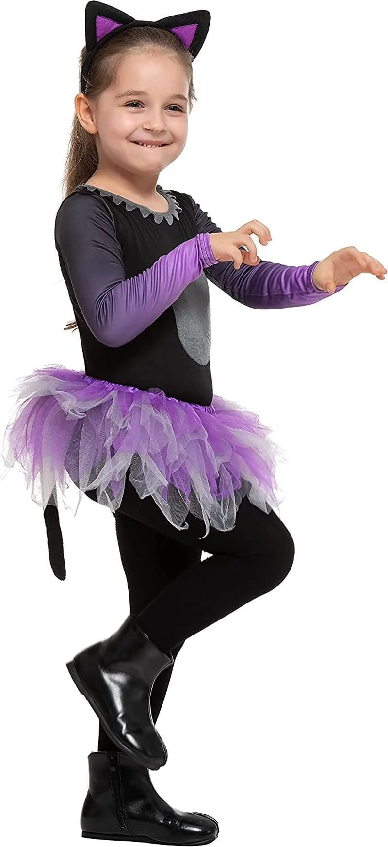 Disfraz Infantil de Gatita con Tutú – Traje Adorable de Halloween para Niñas (Orejas y Falda Morada)