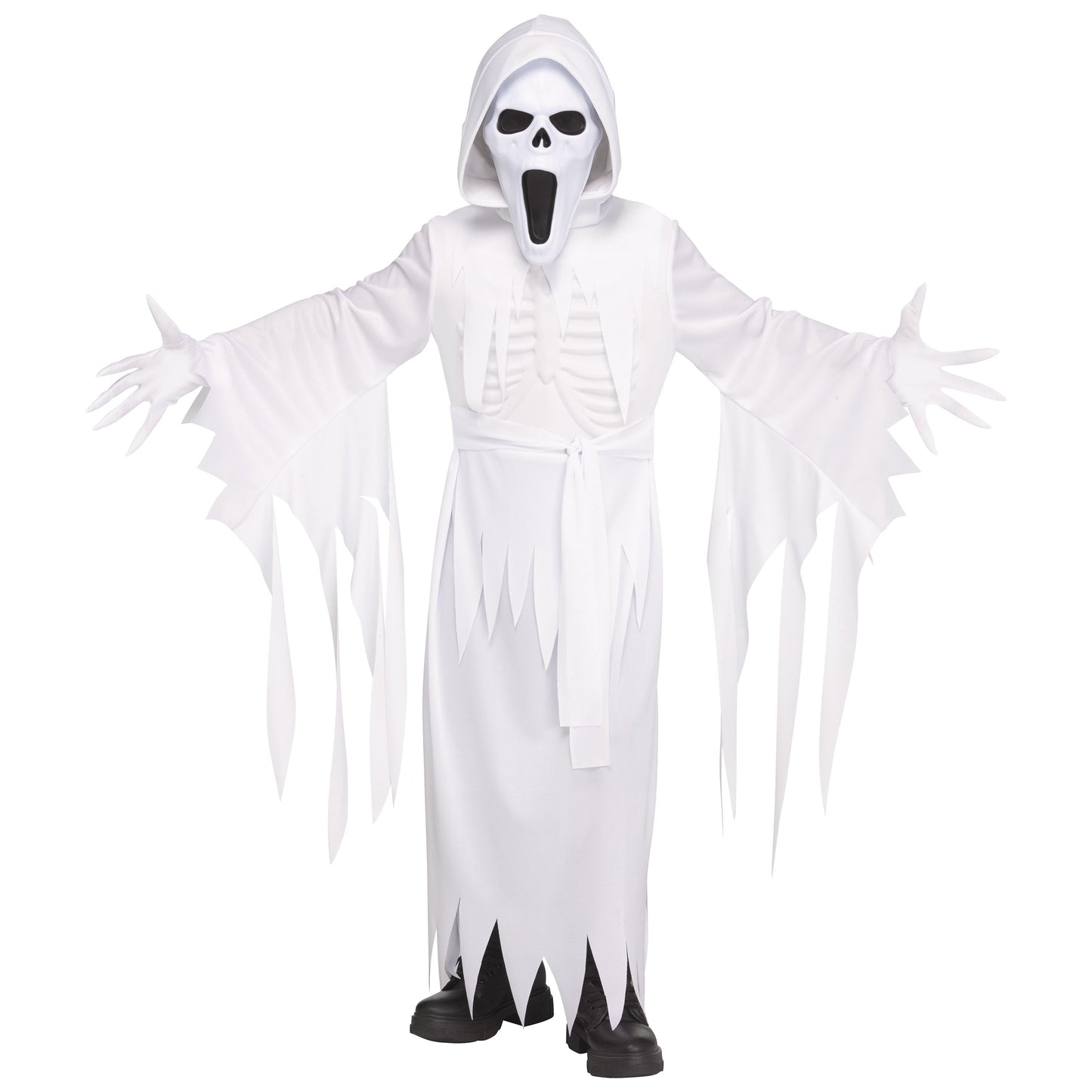 Disfraz de Fantasma Banshee para Niños – Túnica Blanca con Capucha y Manto Aterrador