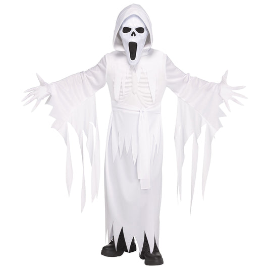 Disfraz de Fantasma Banshee para Niños – Túnica Blanca con Capucha y Manto Aterrador