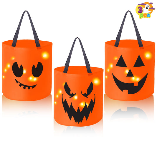 Set de 3 Cubos de Dulces de Halloween con Luz LED – Calabazas Naranjas