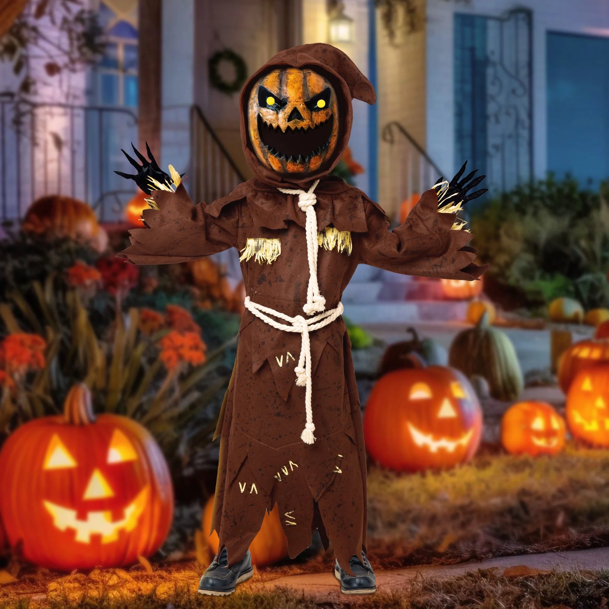 Disfraz de Espantapájaros con Cabeza de Calabaza – Traje de Terror Infantil para Halloween con Máscara Incluida