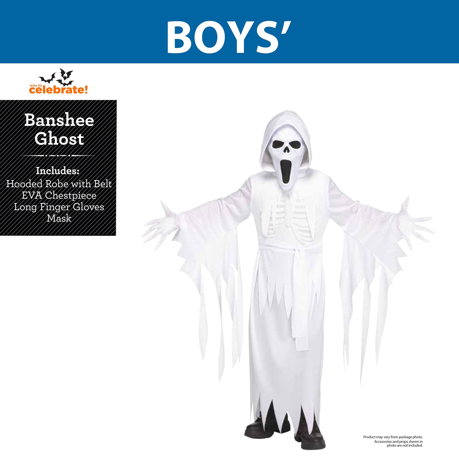 Disfraz de Fantasma Banshee para Niños – Túnica Blanca con Capucha y Manto Aterrador