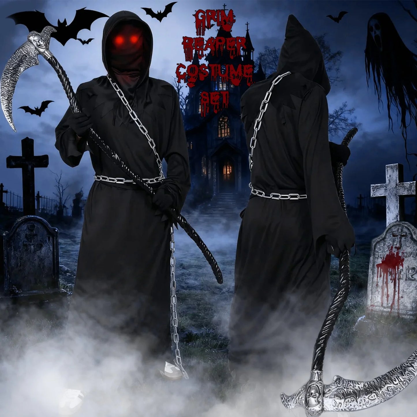 Disfraz del Segador Grim Reaper Infantil – Túnica Negra con Ojos Rojos y Guadaña