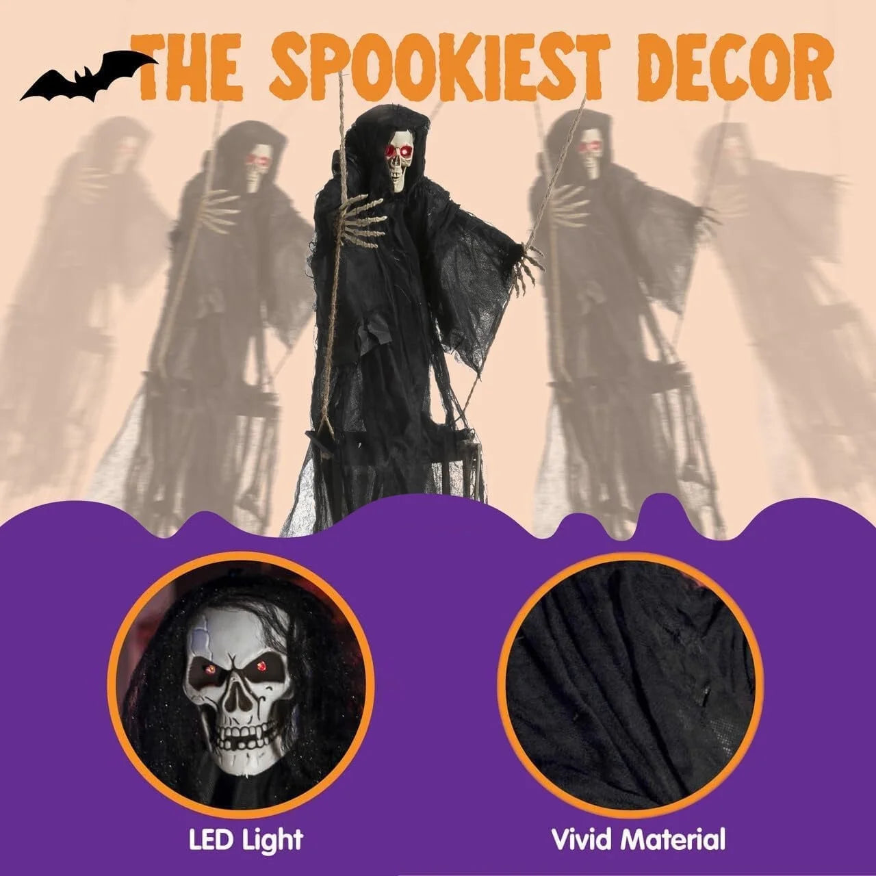 Set de 2 Fantasmas Colgantes con Luz LED – Decoración de Halloween para Exteriores (3 pies / 90 cm)