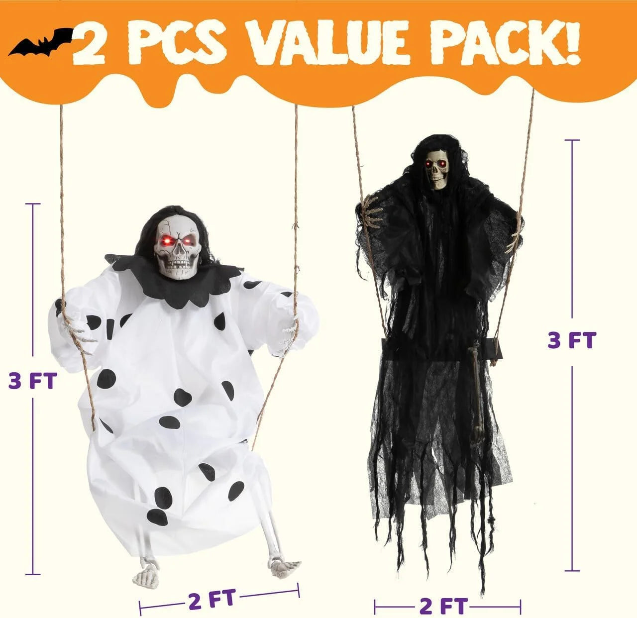 Set de 2 Fantasmas Colgantes con Luz LED – Decoración de Halloween para Exteriores (3 pies / 90 cm)