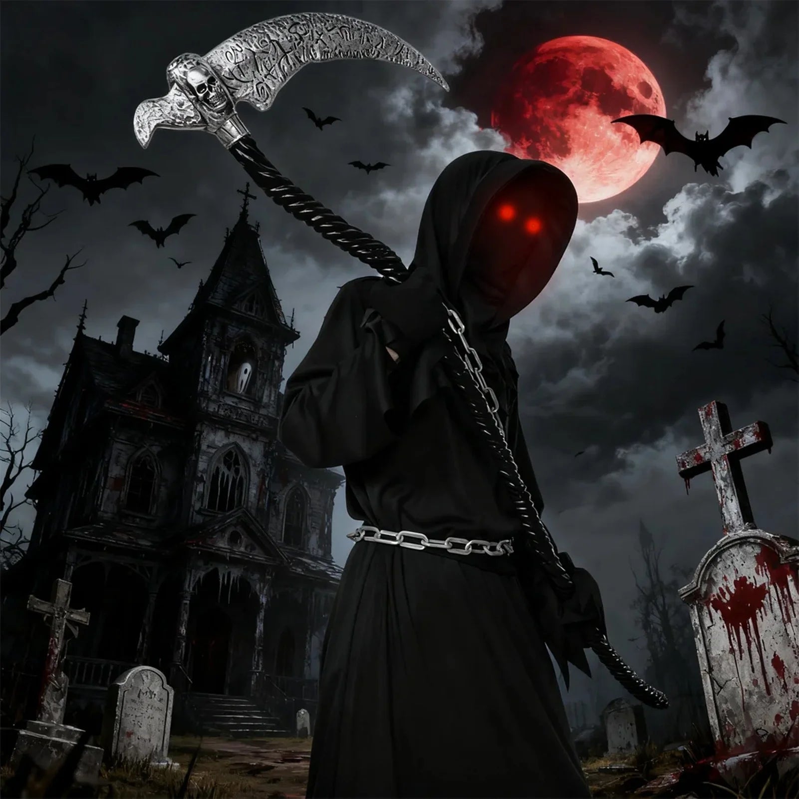 Disfraz del Segador Grim Reaper Infantil – Túnica Negra con Ojos Rojos y Guadaña