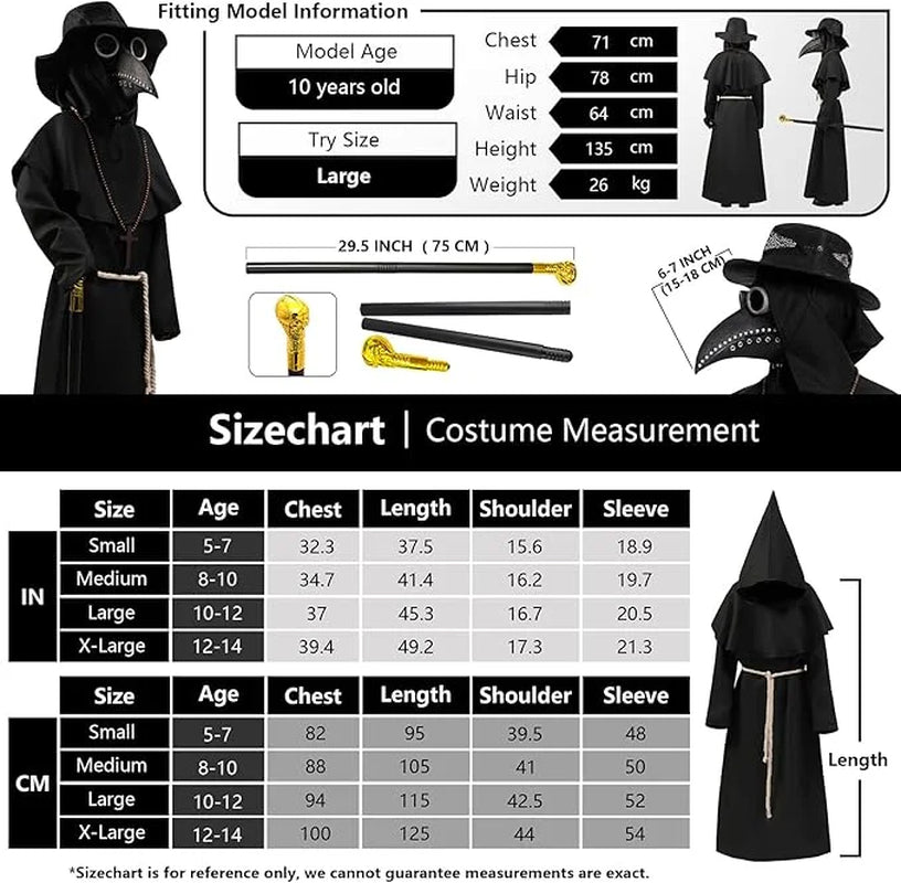 Disfraz Infantil de Doctor de la Peste – Traje Completo con Máscara y Capa Negra, Ideal para Halloween y Cosplay