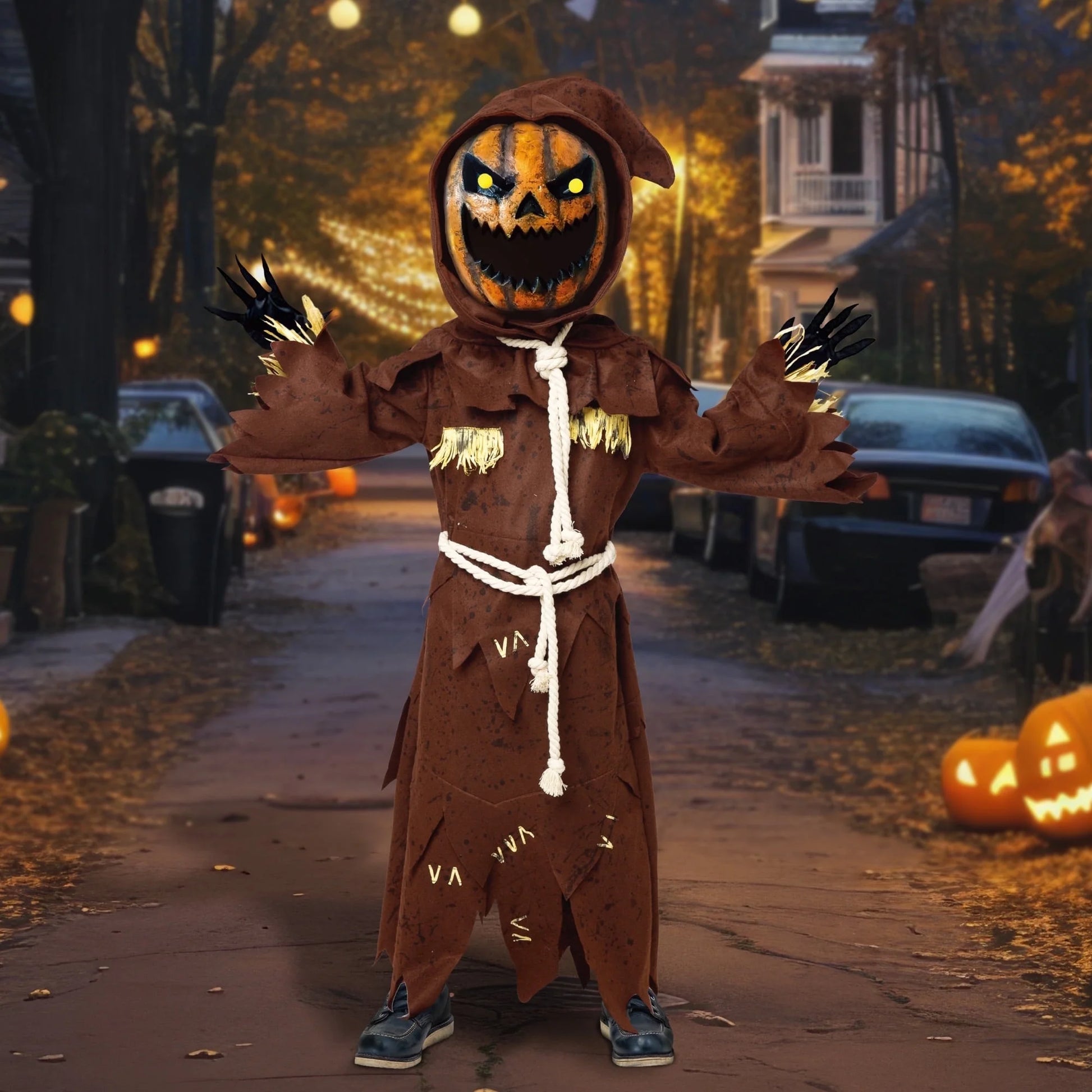 Disfraz de Espantapájaros con Cabeza de Calabaza – Traje de Terror Infantil para Halloween con Máscara Incluida