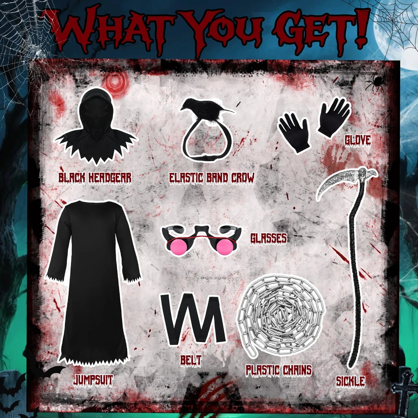 Disfraz del Segador Grim Reaper Infantil – Túnica Negra con Ojos Rojos y Guadaña