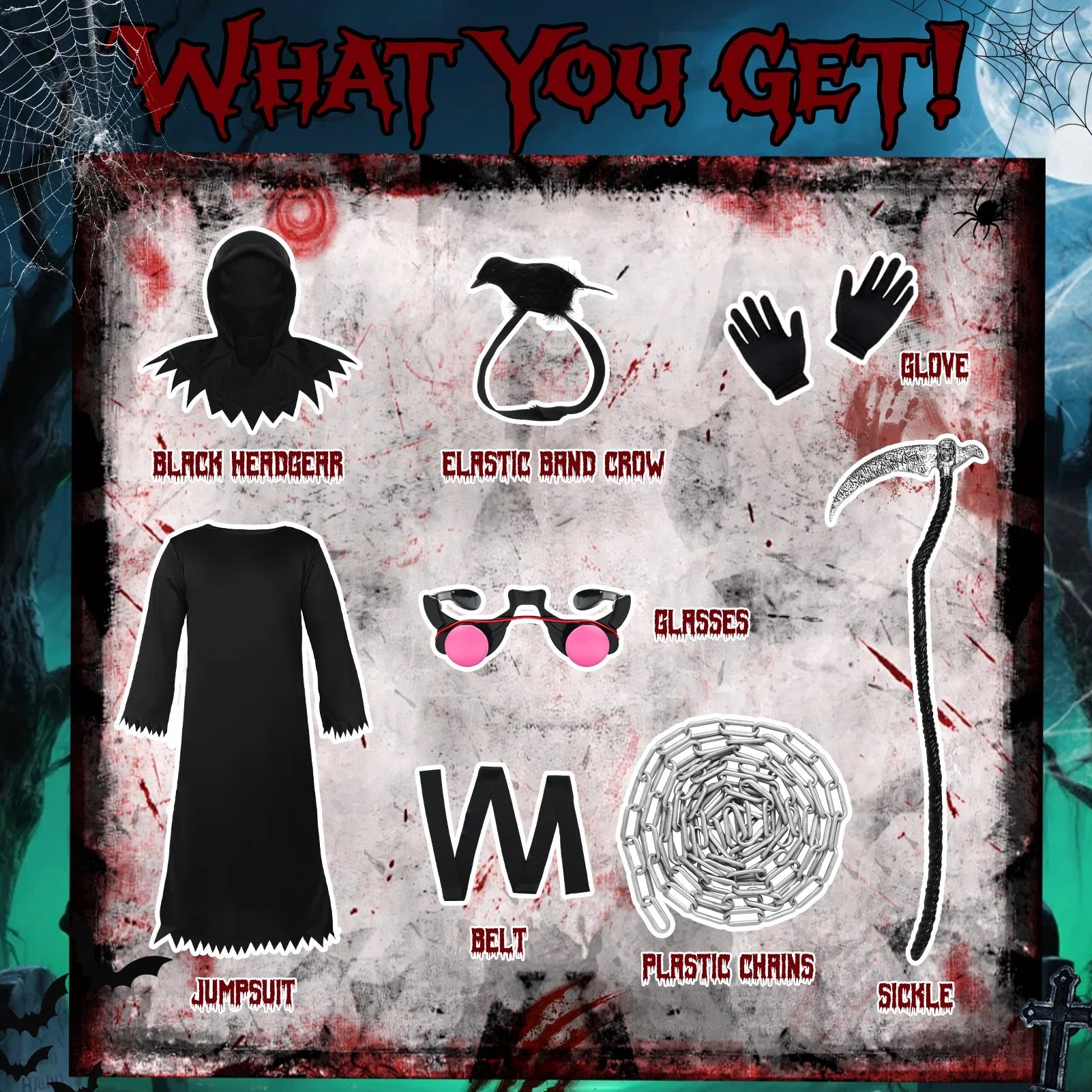 Disfraz del Segador Grim Reaper Infantil – Túnica Negra con Ojos Rojos y Guadaña