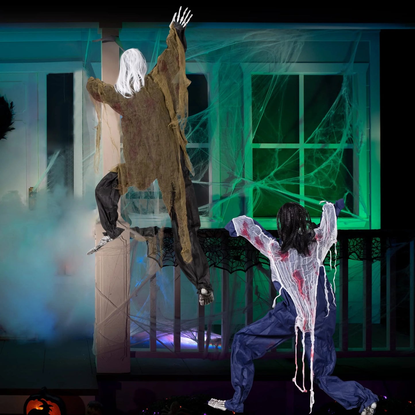 2 Figuras Colgantes de Zombi 47” – Decoración de Halloween con Manchas de Sangre para Interior y Exterior