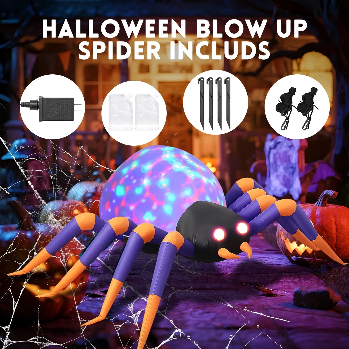 Araña Inflable Gigante 2,4 m con Luces LED – Decoración de Halloween para Jardín o Fiesta