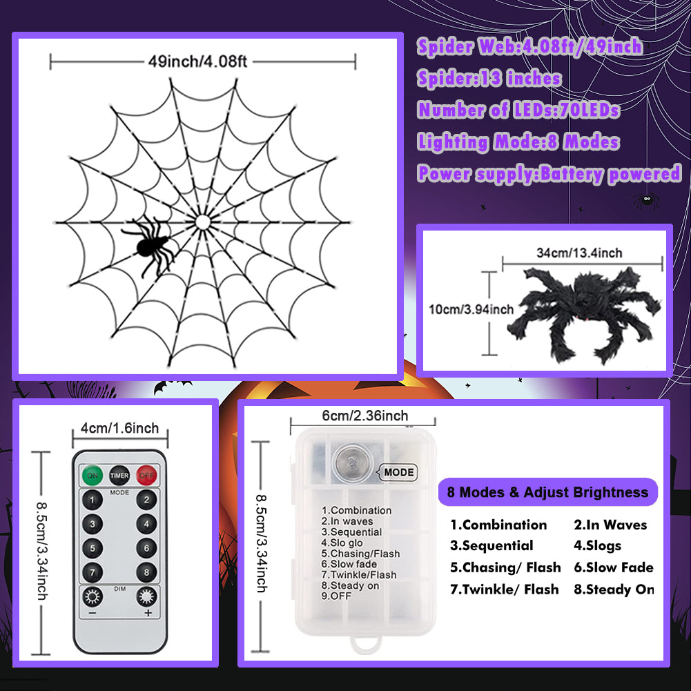 Luces de Telaraña con Araña Negra – 70 LEDs de Halloween con Control Remoto y 8 Modos
