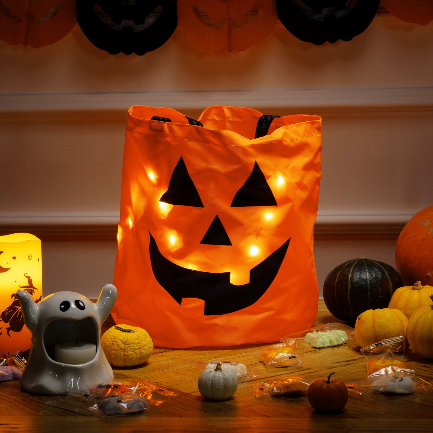 Set de 3 Cubos de Dulces de Halloween con Luz LED – Calabazas Naranjas