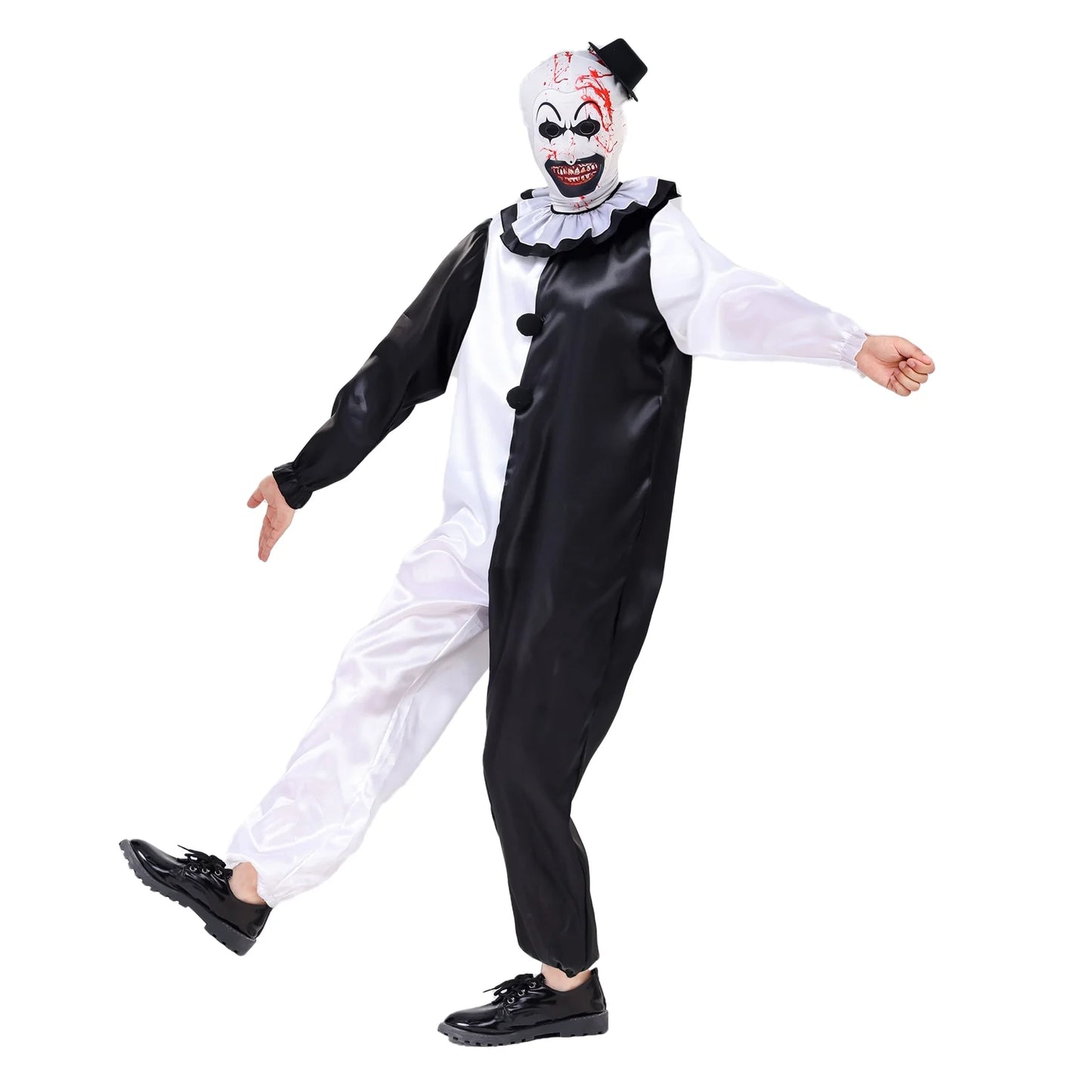 Disfraz de Payaso Terrorífico Blanco y Negro para Niños – Traje Completo con Máscara y Sombrero