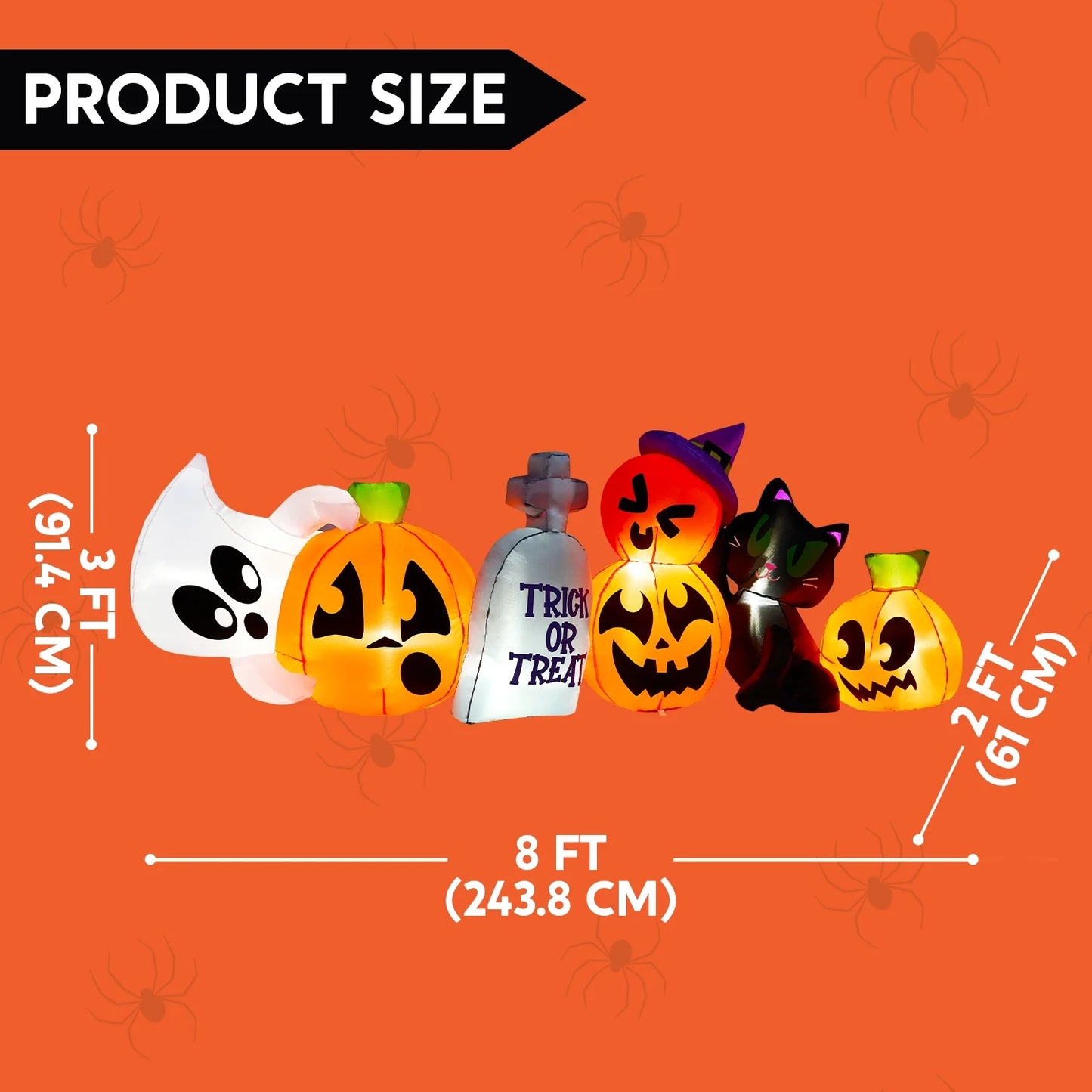 Inflable Halloween de 8 ft – Fantasma, Calabaza y Gato Luminoso con Tumba Decorativa para Exterior