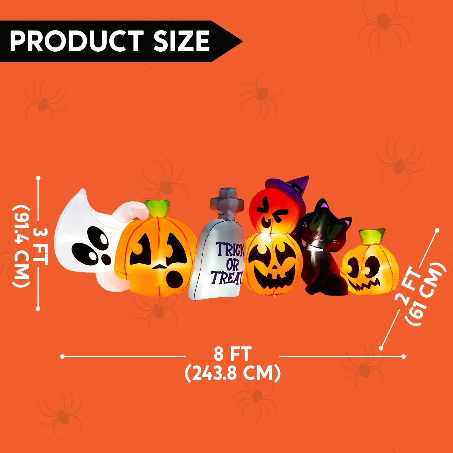 Inflable Halloween de 8 ft – Fantasma, Calabaza y Gato Luminoso con Tumba Decorativa para Exterior