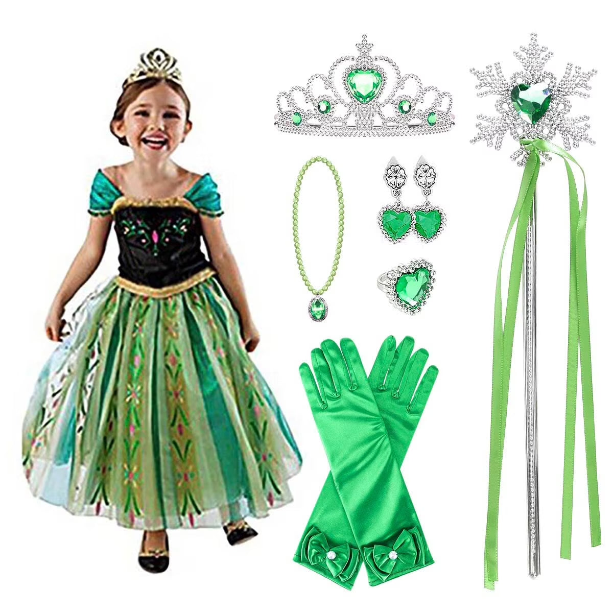 Disfraz Infantil de Princesa Verde – Vestido con Corona, Varita y Guantes | Ideal para Halloween o Cumpleaños