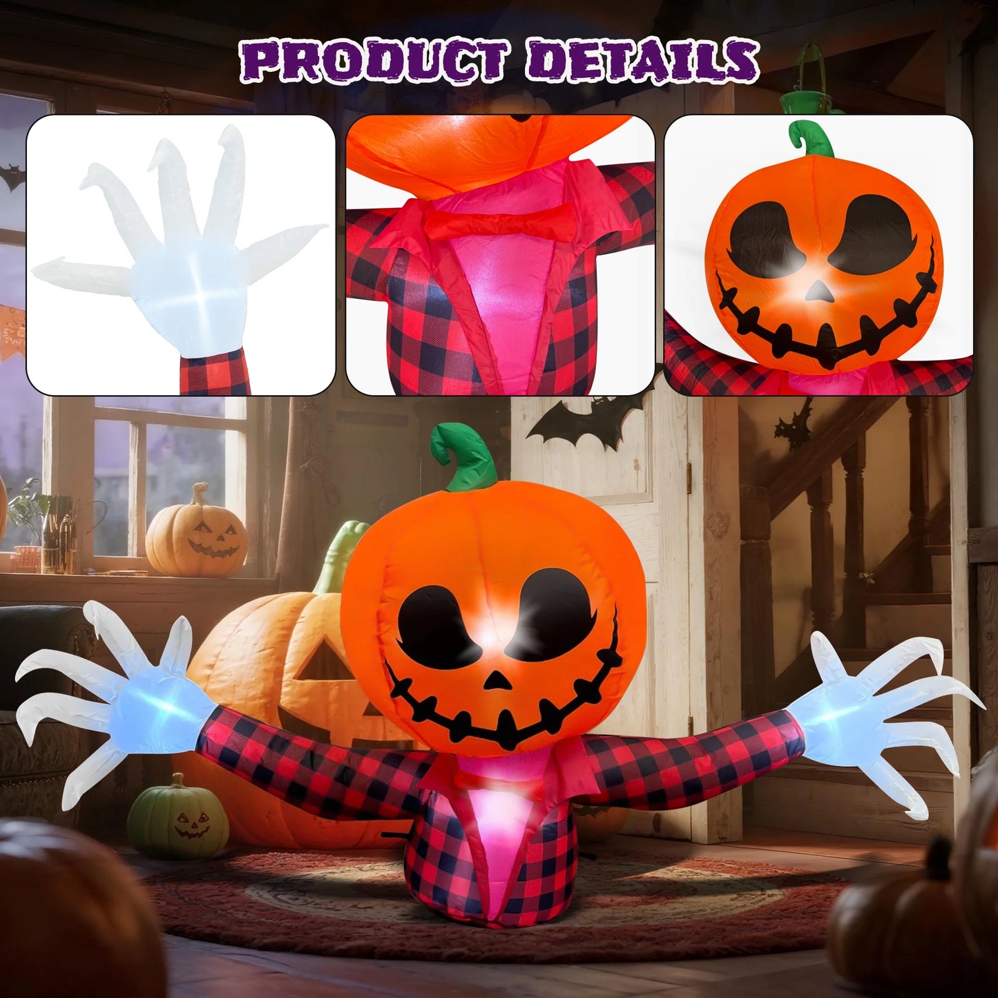 Inflable Halloween Fantasma con Calabaza 1.5 m – Decoración Exterior con Luces LED