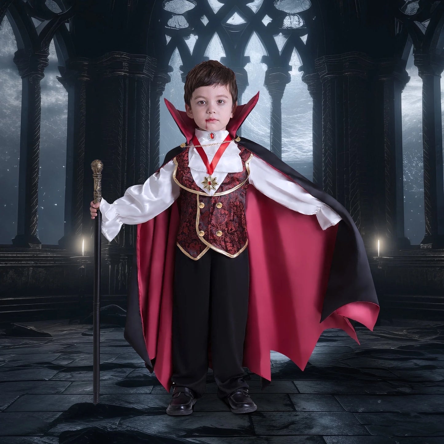 Disfraz Infantil de Vampiro Gótico – Traje Completo de Halloween para Niños (3–4 años)