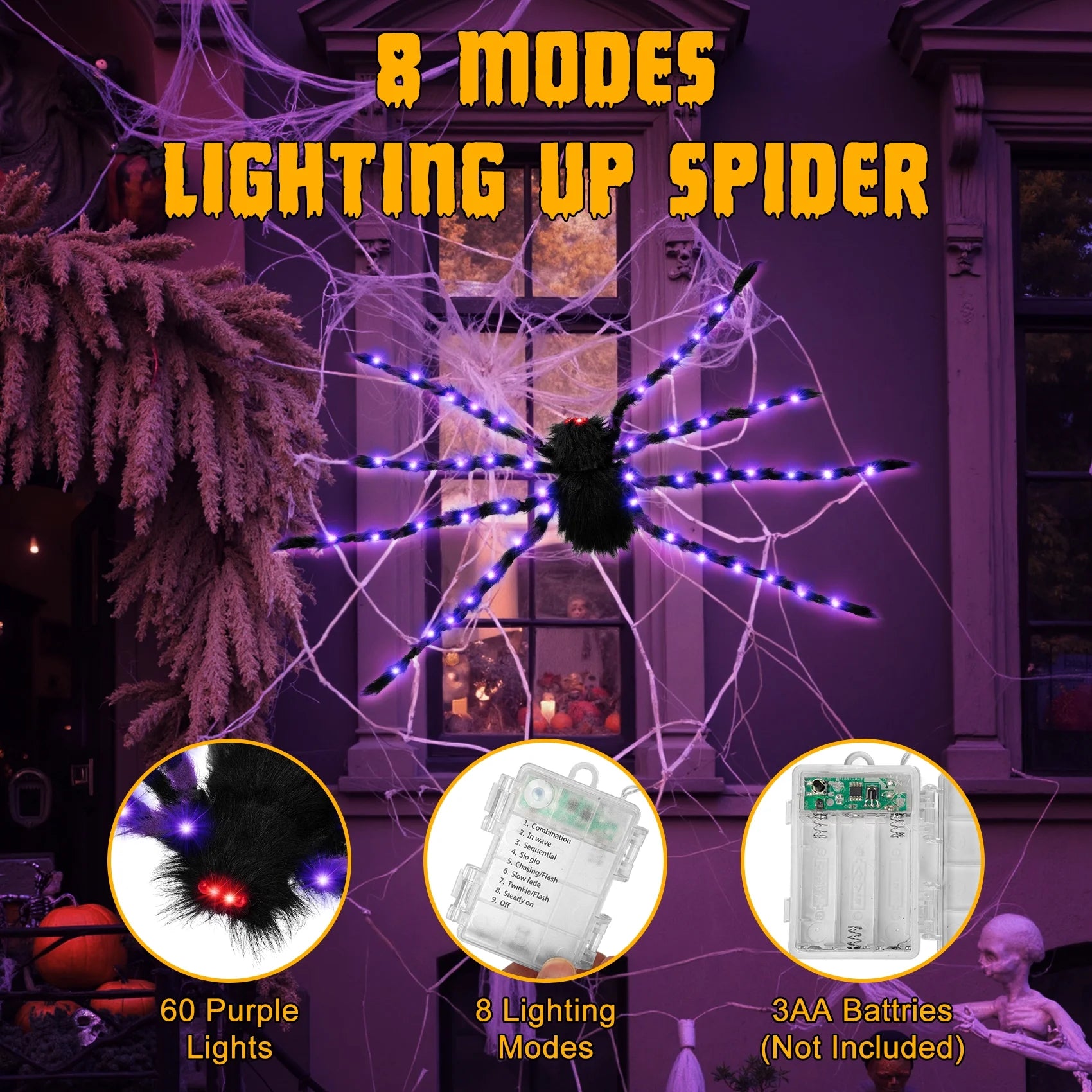 Set de 2 Arañas Gigantes con Luces LED – Decoración de Halloween 5FT para Interior y Exterior