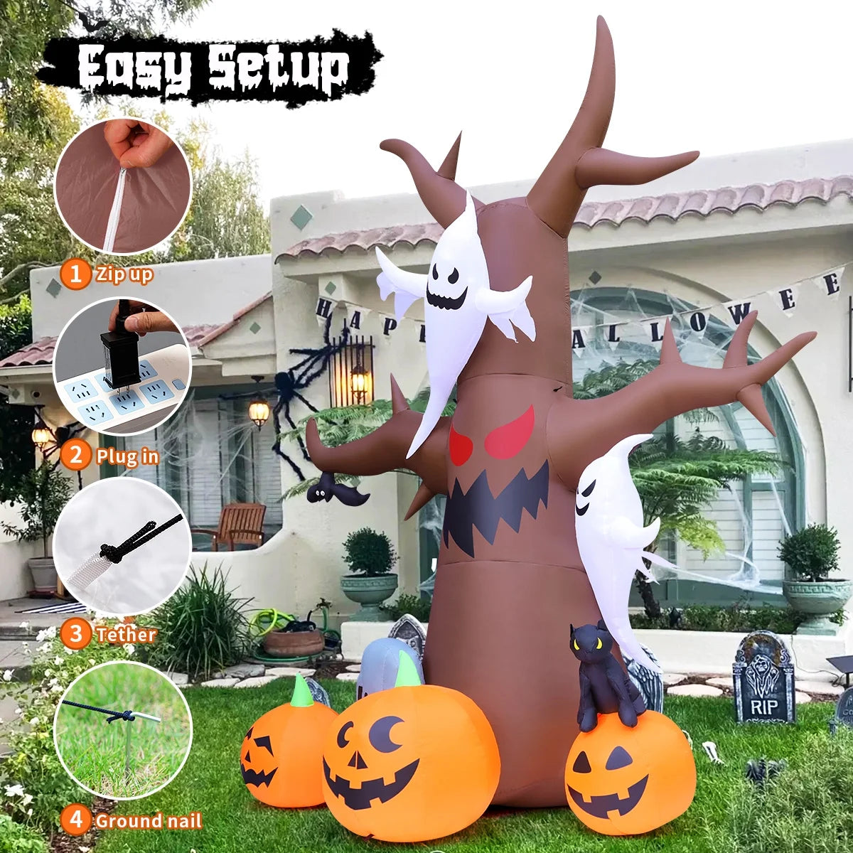 Árbol Inflable de Halloween 11.8FT con Fantasmas y Calabazas – Decoración con Luces LED