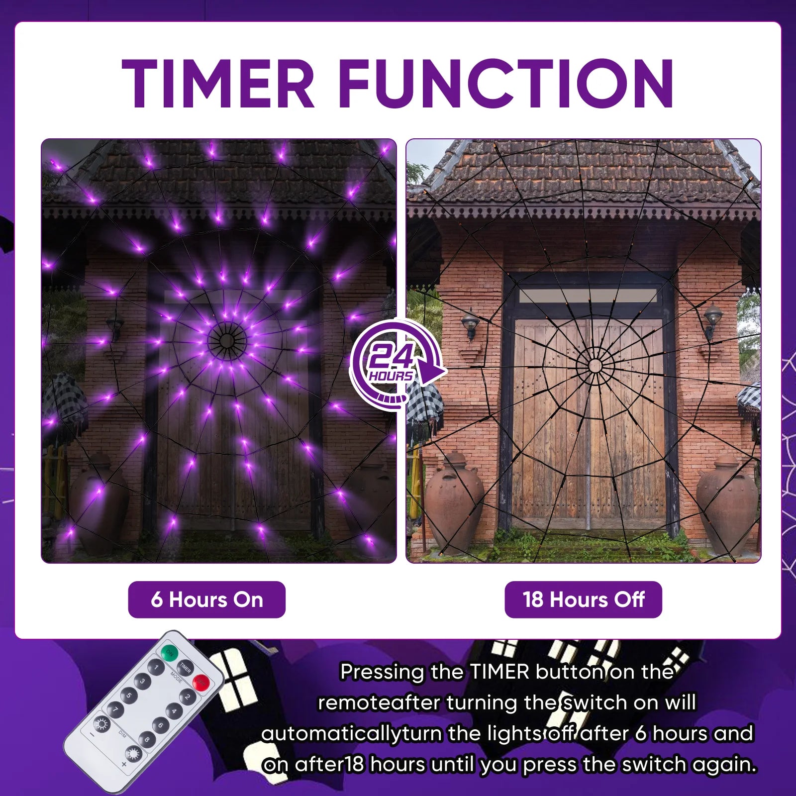 Luces de Telaraña con Araña Negra – 70 LEDs de Halloween con Control Remoto y 8 Modos