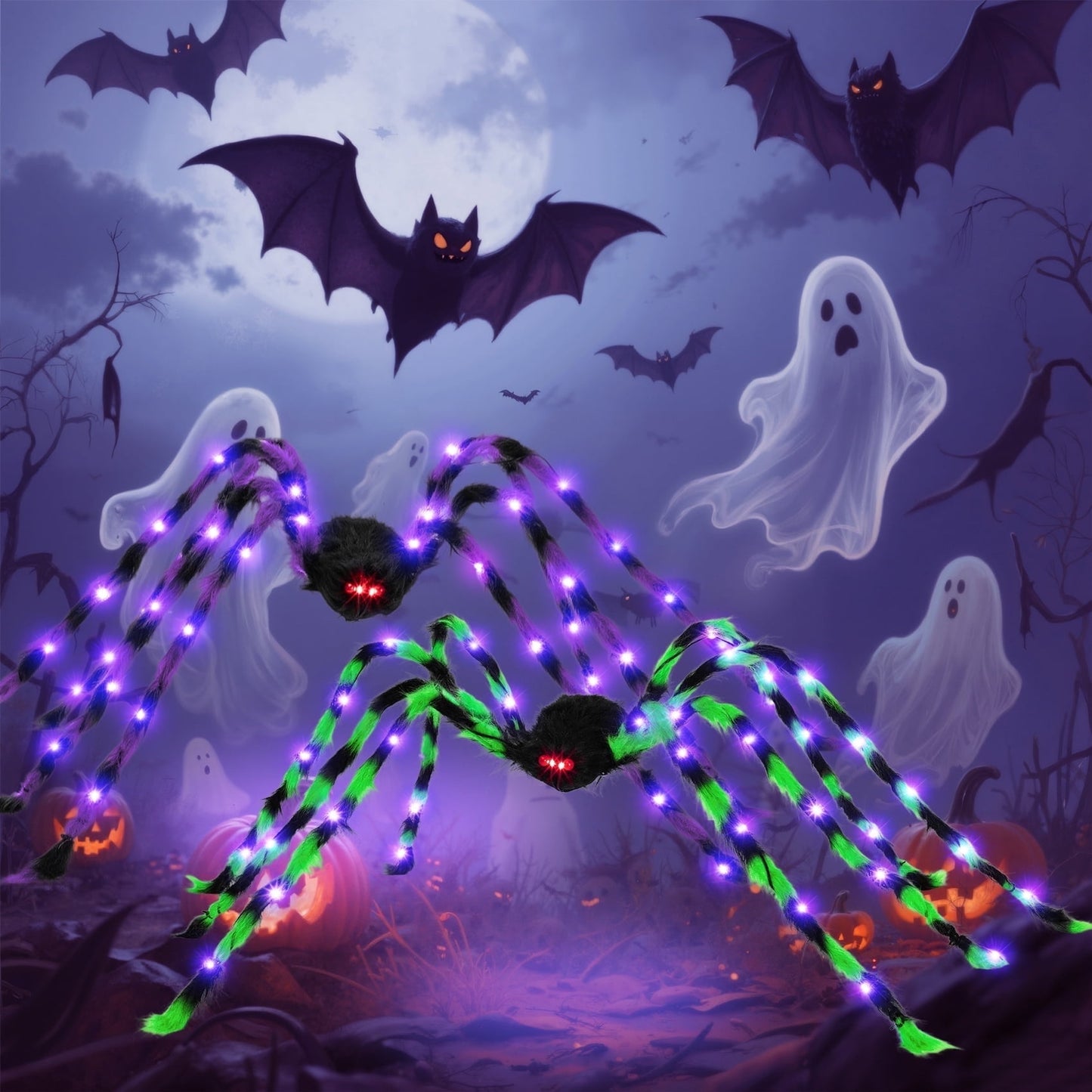Set de 2 Arañas Gigantes con Luces LED – Decoración de Halloween 5FT para Interior y Exterior