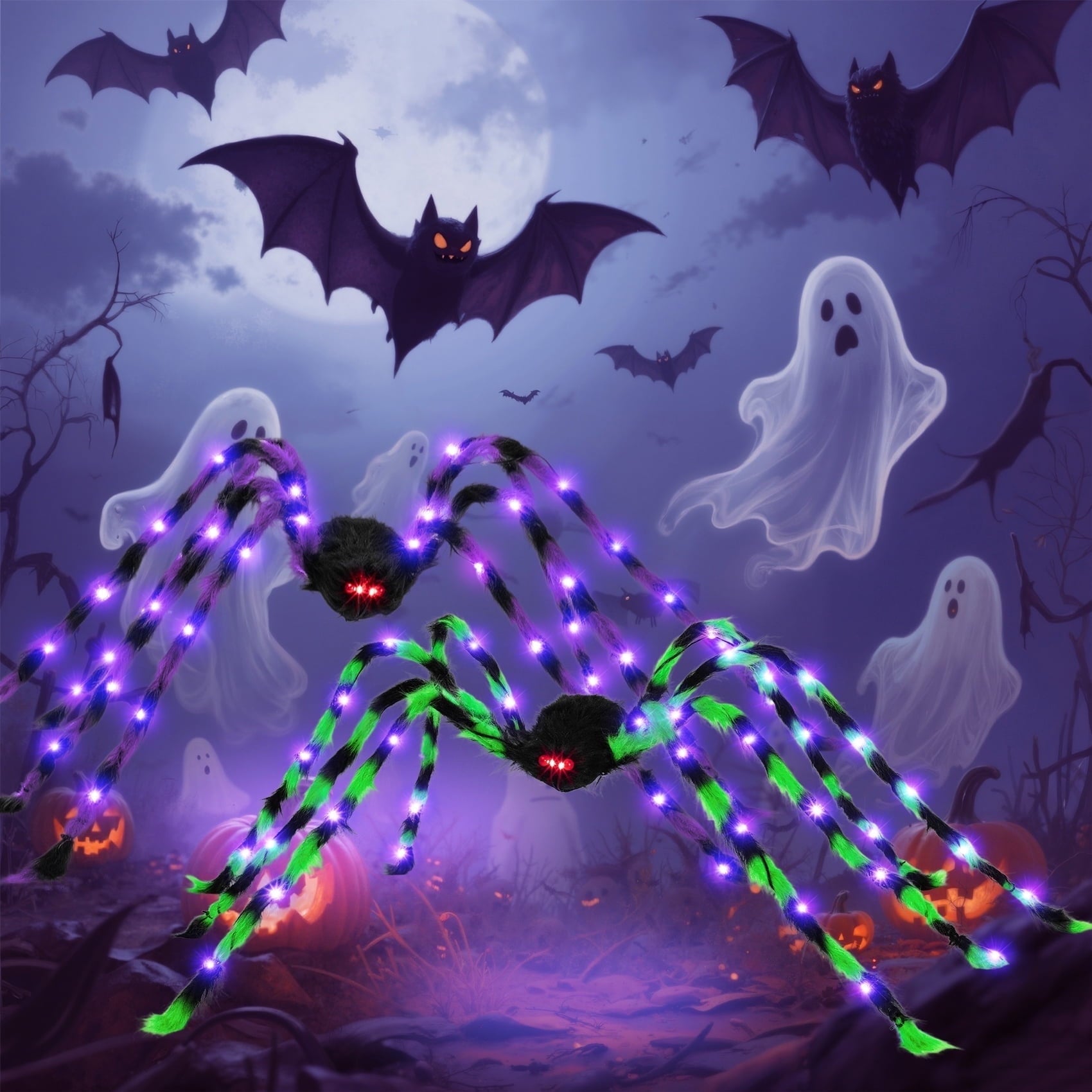 Set de 2 Arañas Gigantes con Luces LED – Decoración de Halloween 5FT para Interior y Exterior