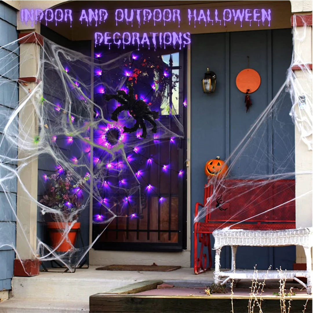 Luces de Telaraña con Araña Negra – 70 LEDs de Halloween con Control Remoto y 8 Modos