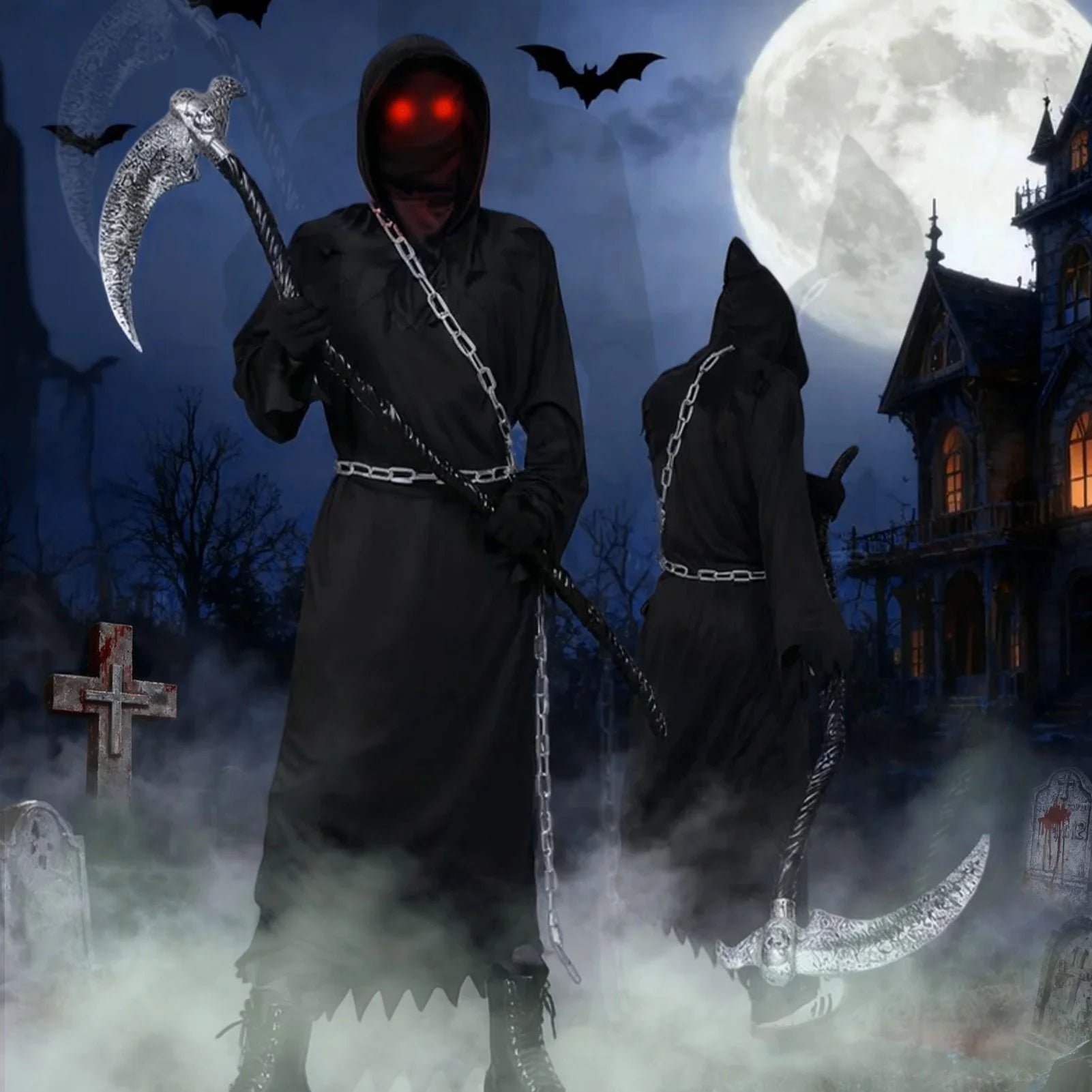 Disfraz del Segador Grim Reaper Infantil – Túnica Negra con Ojos Rojos y Guadaña