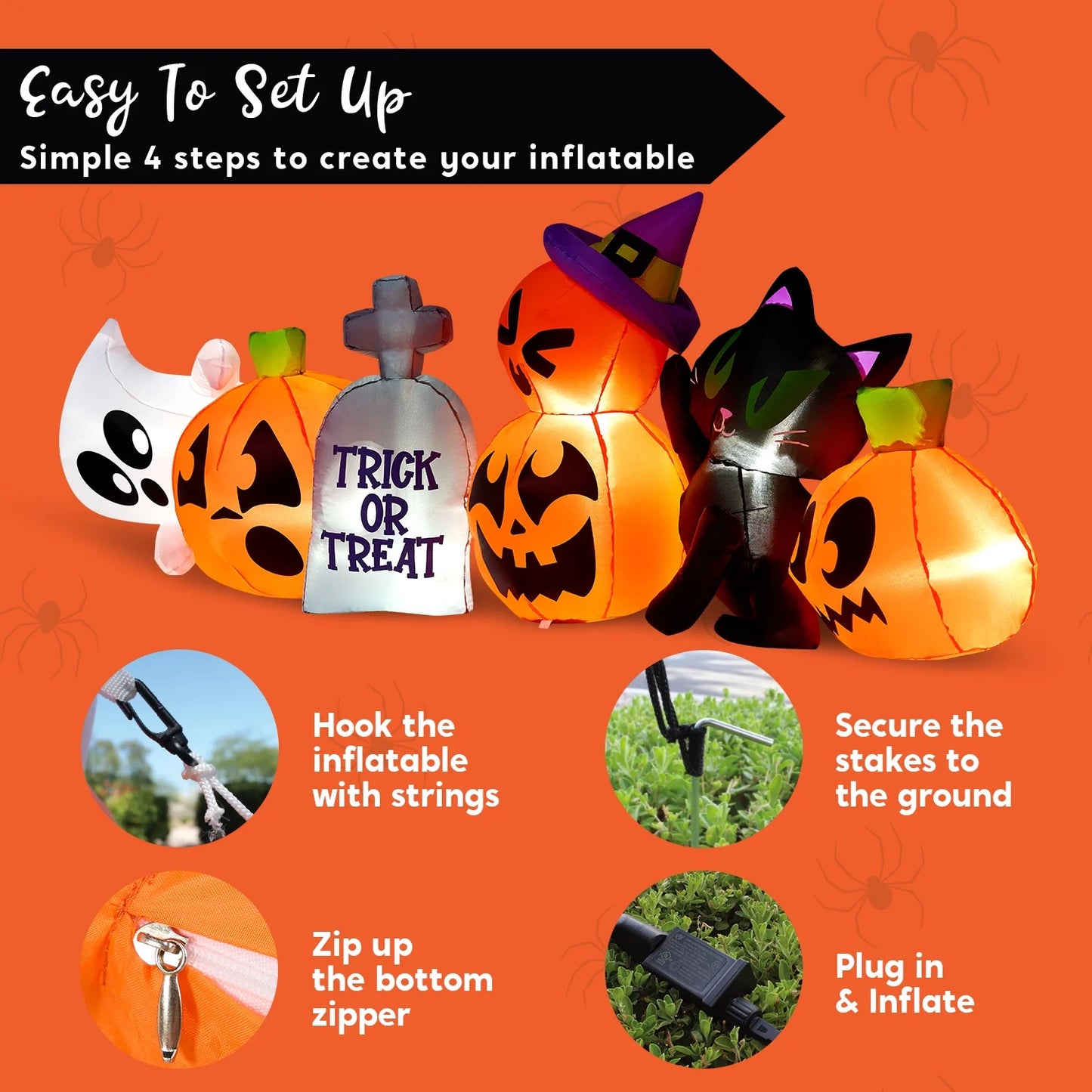 Inflable Halloween de 8 ft – Fantasma, Calabaza y Gato Luminoso con Tumba Decorativa para Exterior